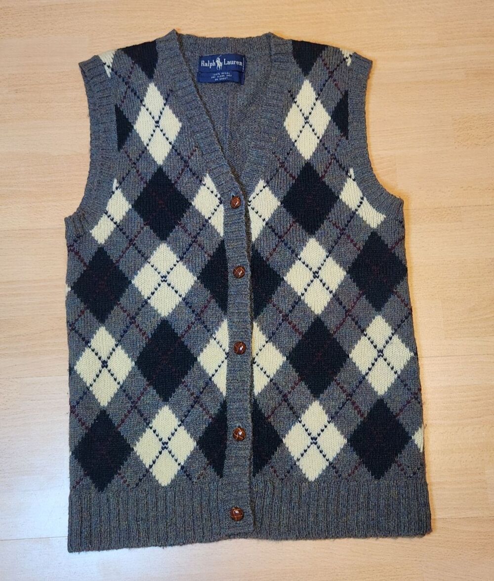 Women’s Vintage Ralph Lauren Button Up Wool Vest Argyle Size Medium Heathered